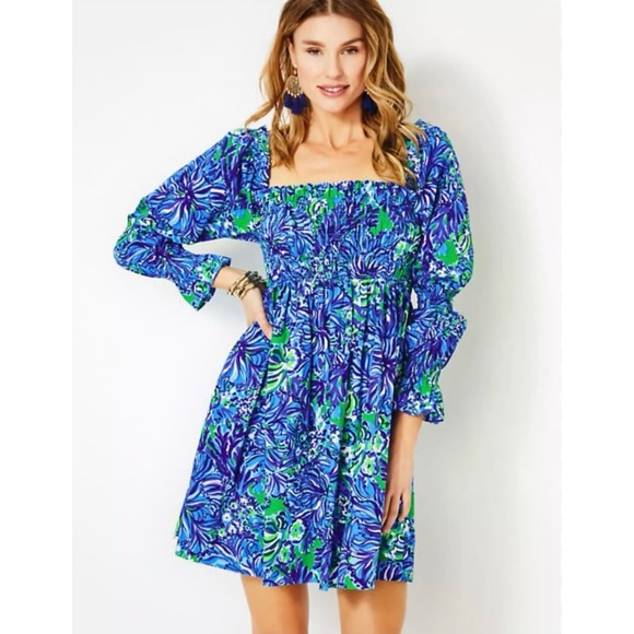 Lilly Pulitzer Beyonca Babydoll Dress M Floral Turtle Blue Green Bell Sleeve - Picture 1 of 13